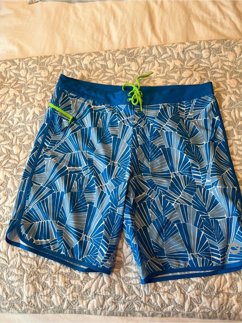 Vineyard Vines Blue Patterned Swim Board Shorts with Lime Drawstring